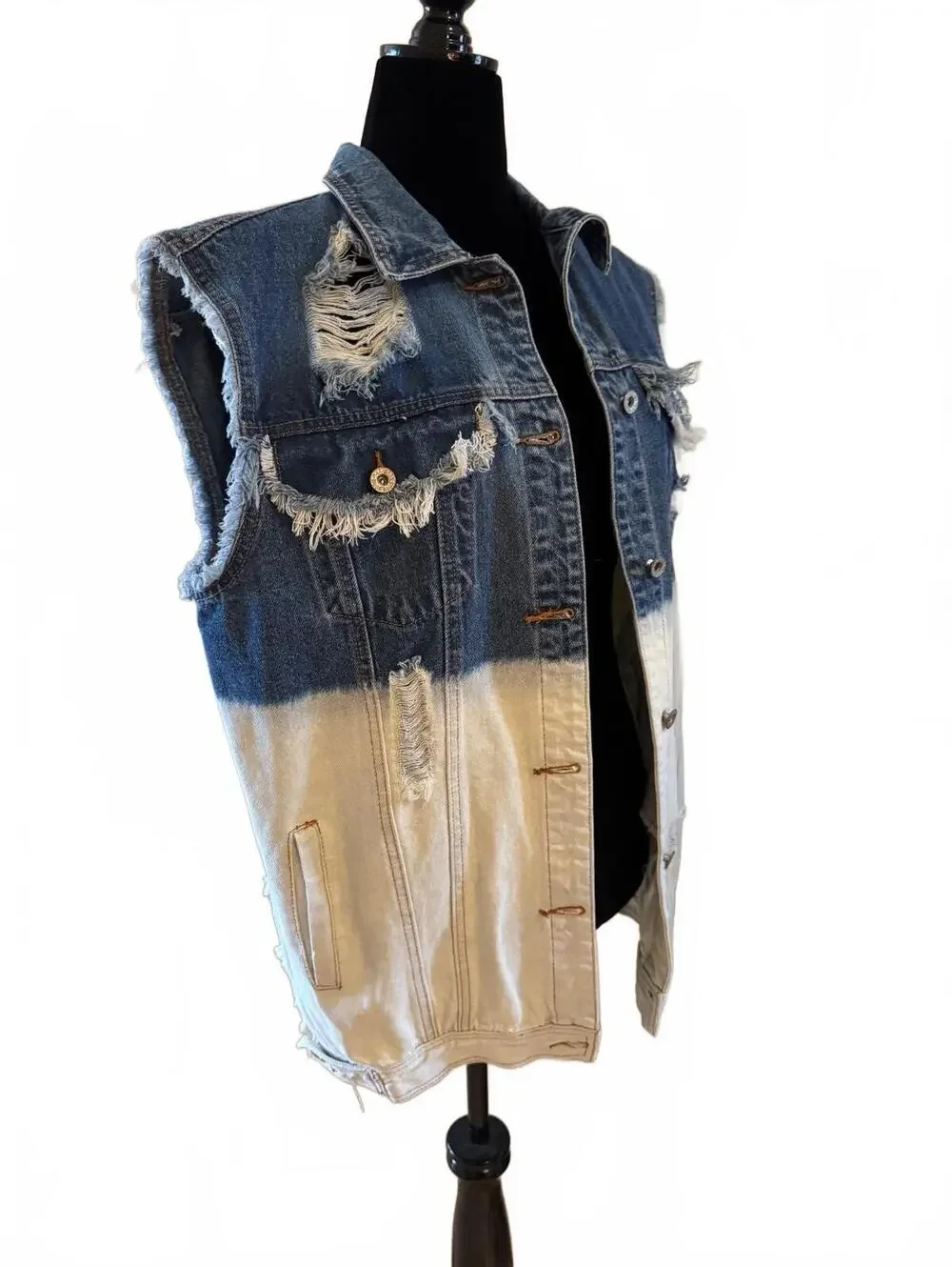 POL Women's Two-Tone Distressed Denim Vest with Back Text Large NWOT
